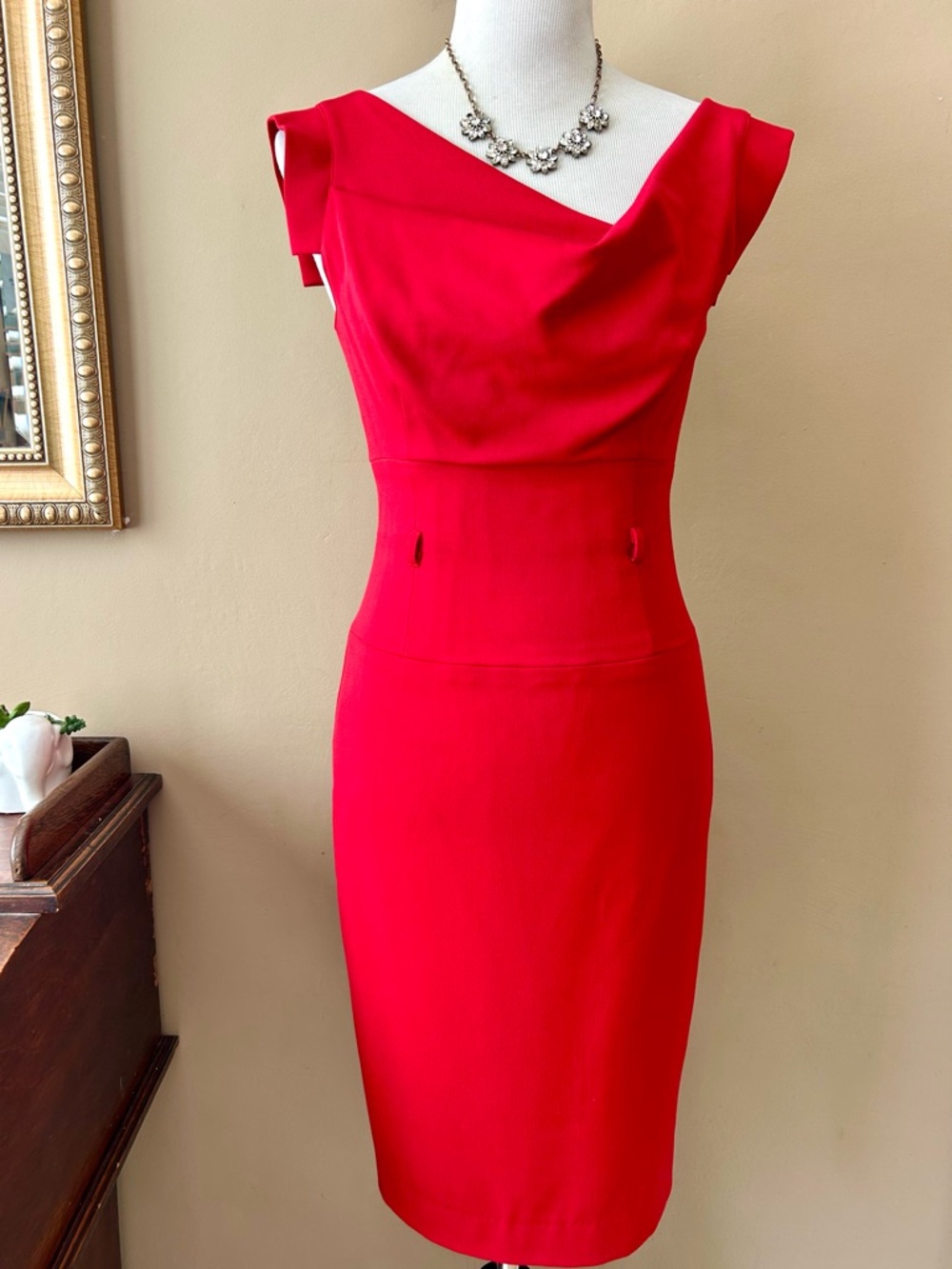 Black Halo Jackie O Belted Cocktail Sheath Dress Cherry Red Size 4 - Picture 5 of 16